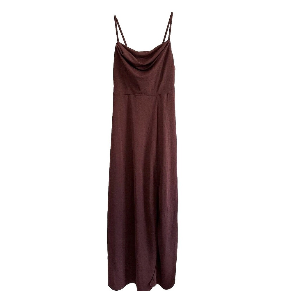 Birdy Grey Dress Womens Size M Ash Cabernet Crepe Maxi Slit Lined Cowl Neck